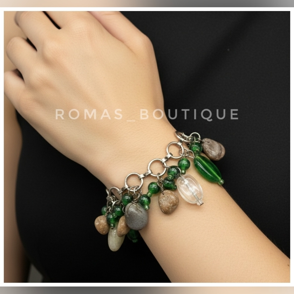 Vintage Multi-Color Stone & Glass Bracelet Silver Chain Charm Bracelet